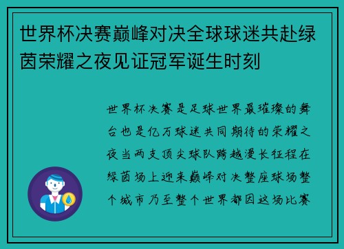 世界杯决赛巅峰对决全球球迷共赴绿茵荣耀之夜见证冠军诞生时刻